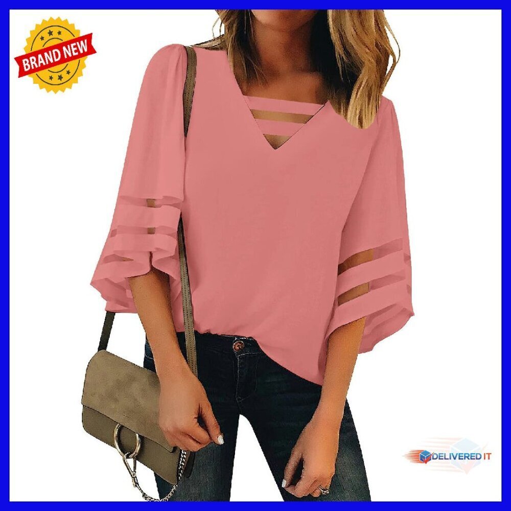 Strappy V-Neck Blouse with 3/4 Bell Sleeves Mesh Panel Top